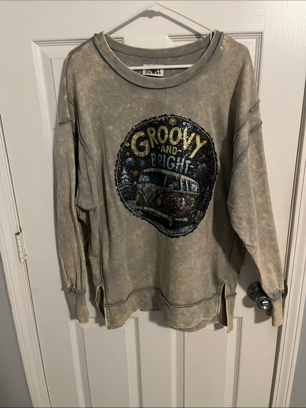 Groovy and Bright Sequin Graphic Long Sleeve Tee - Washed Gray